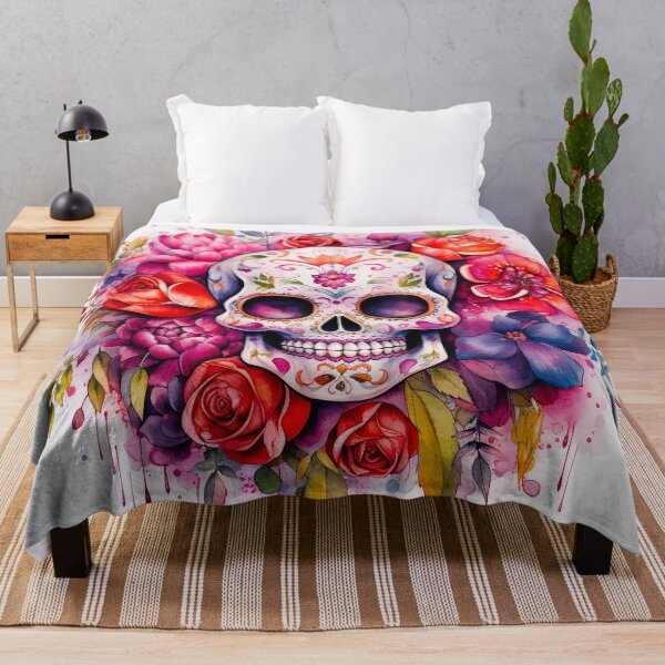 Item preview, Mexican sugar skull with colourful flowers watercolor designed and sold by Inktown.