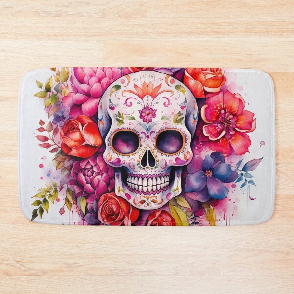 Item preview, Mexican sugar skull with colourful  flowers watercolor designed and sold by Inktown.