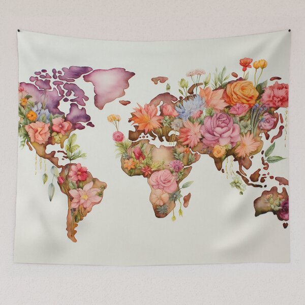 Item preview, Colorful flowery world map designed and sold by WallWhimsyWorks.