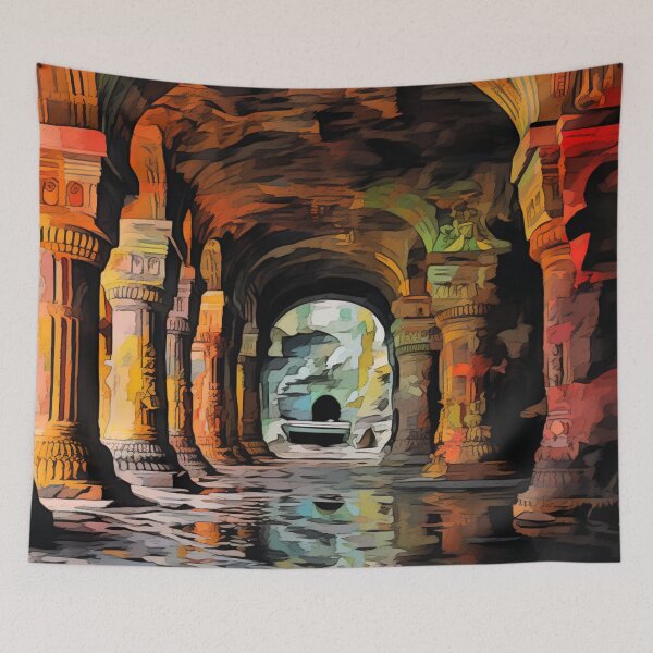 Item preview, A Pop Art Travel Print of the Elephanta Caves in Mumbai - India designed and sold by StudioRedKoala.