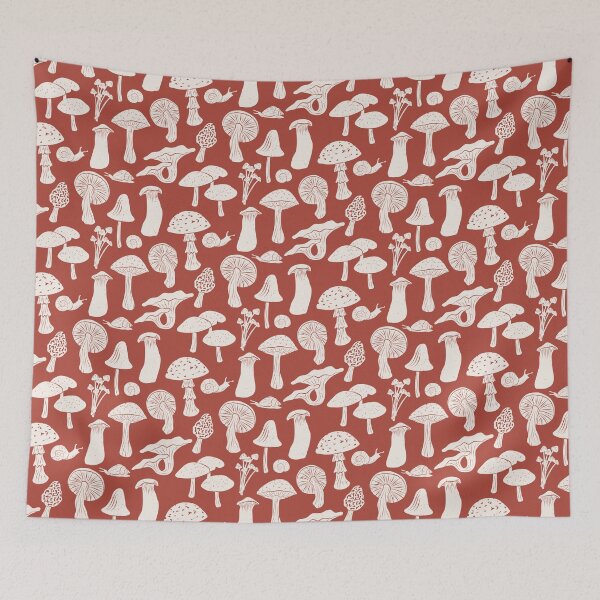 Item preview, Forest Floor-Whimsical Woodland Mushrooms and Snails in Bright Red and Cream designed and sold by ashandinkstudio.