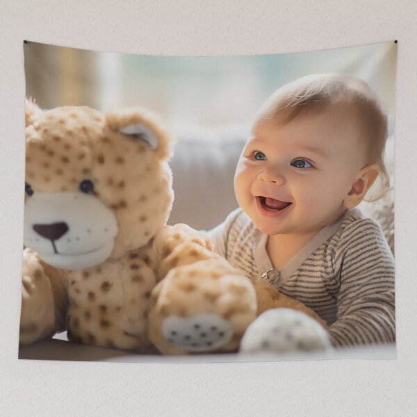Item preview, Cute baby with his stuffed toy designed and sold by WallWhimsyWorks.