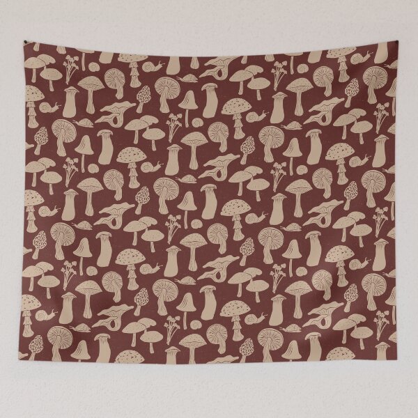 Item preview, Forest Floor-Whimsical Woodland Mushrooms and Snails in Dark Red and Beige designed and sold by ashandinkstudio.