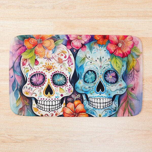Item preview, Mexican sugar skulls with colourful  flowers watercolor designed and sold by Inktown.