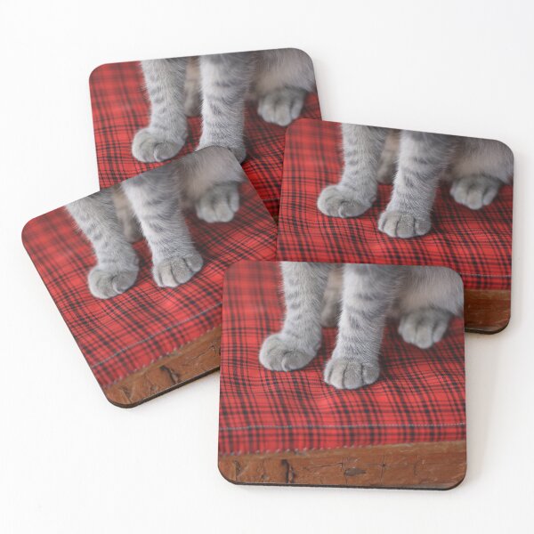Item preview, furry paws of a grey cat closeup on a red checkered pillow designed and sold by LiubovAvdeeva.