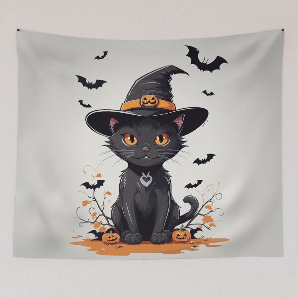 Item preview, Enchanting Halloween Charm: Cute Black Cat with Eerie Grins and Flying Bats designed and sold by TrendyArtInk.