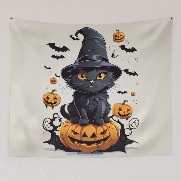 Item preview, Enchanting Halloween Charm: Cute Black Cat with Eerie Grins and Flying Bats designed and sold by TrendyArtInk.