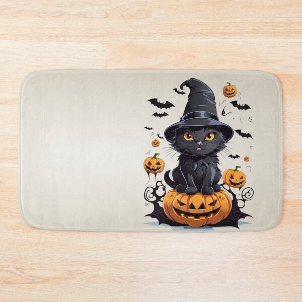 Item preview, Enchanting Halloween Charm: Cute Black Cat with Eerie Grins and Flying Bats designed and sold by TrendyArtInk.