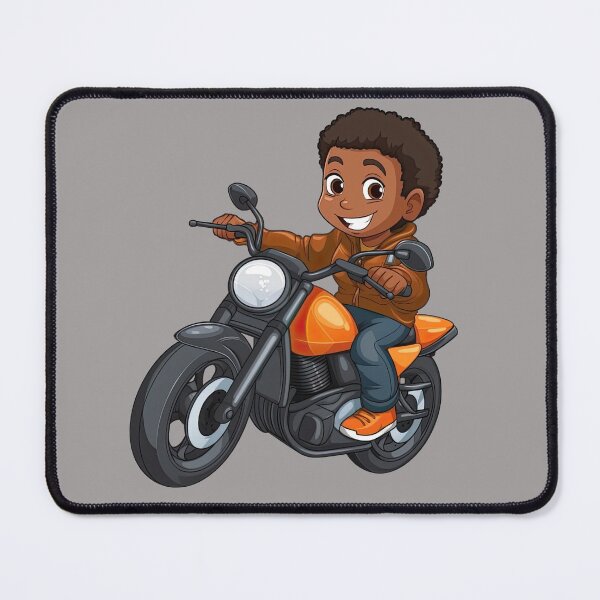 Artikelvorschau, Junger schwarzer Junge fährt auf einem orangefarbenen Motorrad entworfen und verkauft von TheTrendsDesk.