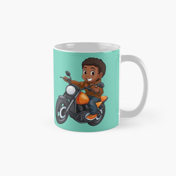 Artikelvorschau, Junger schwarzer Junge fährt auf einem orangefarbenen Motorrad entworfen und verkauft von TheTrendsDesk.