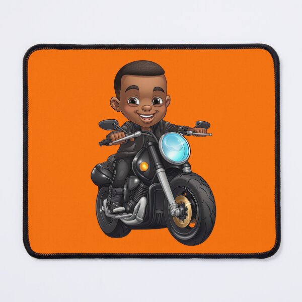 Artikelvorschau, Junger schwarzer Junge mit kurzen Haaren auf einem schwarzen Motorrad entworfen und verkauft von TheTrendsDesk.