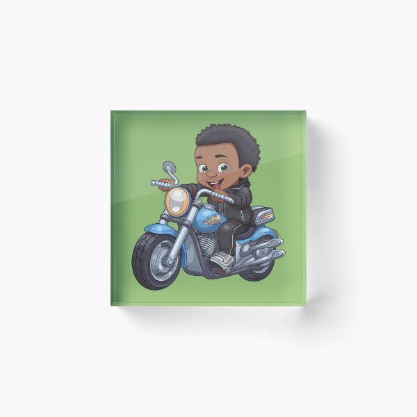 Artikelvorschau, Junger schwarzer Junge fährt auf einem blauen Motorrad mit grünem Hintergrund entworfen und verkauft von TheTrendsDesk.