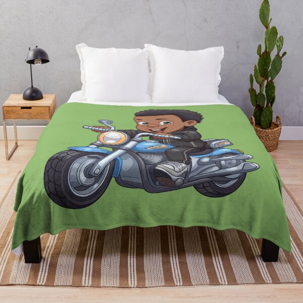 Artikelvorschau, Junger schwarzer Junge fährt auf einem blauen Motorrad mit grünem Hintergrund entworfen und verkauft von TheTrendsDesk.