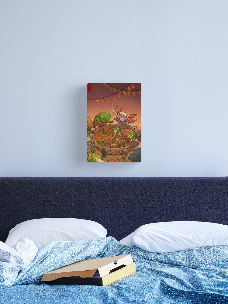 Canvas Print, Asian Hotpot Night with Cute Frog, Axolotl, Cat, Mouse, and Capybara designed and sold by DingHuArt