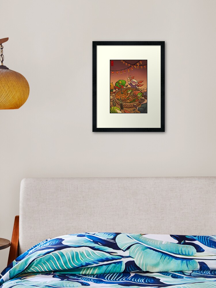 Thumbnail 1 of 7, Framed Art Print, Asian Hotpot Night with Cute Frog, Axolotl, Cat, Mouse, and Capybara designed and sold by DingHuArt.
