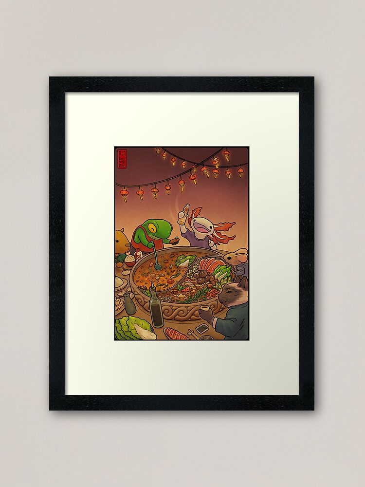 Thumbnail 2 of 7, Framed Art Print, Asian Hotpot Night with Cute Frog, Axolotl, Cat, Mouse, and Capybara designed and sold by DingHuArt.