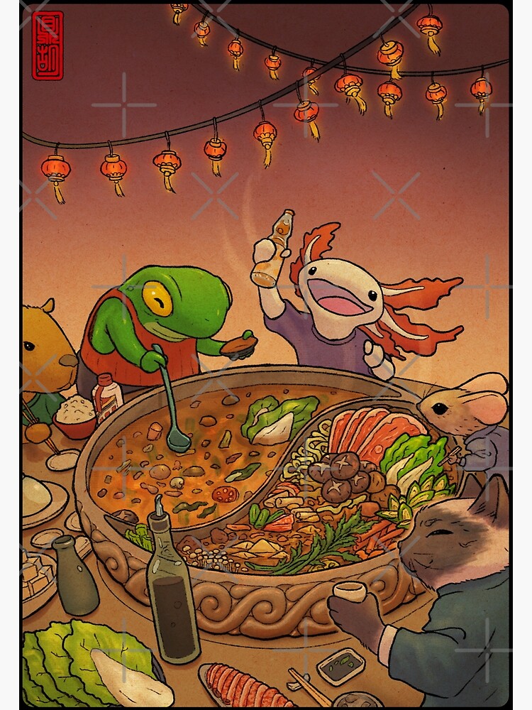 Artwork view, Asian Hotpot Night with Cute Frog, Axolotl, Cat, Mouse, and Capybara designed and sold by DingHuArt