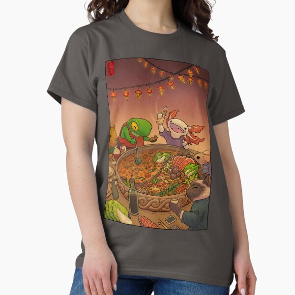 Item preview, Asian Hotpot Night with Cute Frog, Axolotl, Cat, Mouse, and Capybara designed and sold by DingHuArt.