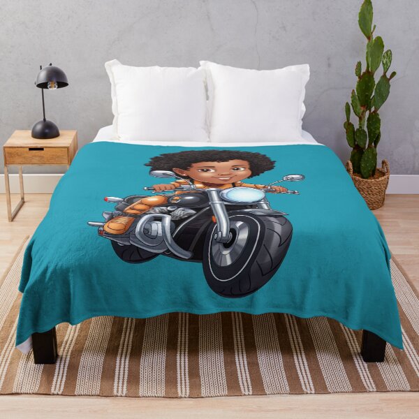 Item preview, Young Black Girl Riding a Black Motorcycle (blue background) designed and sold by TheTrendsDesk.