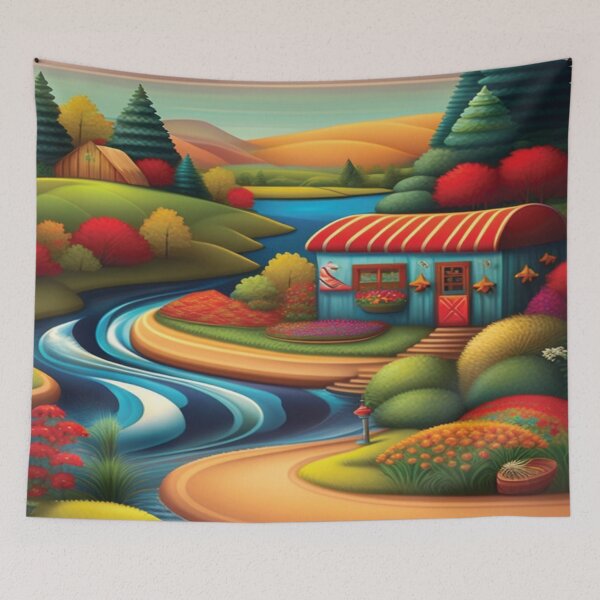 Item preview, Folk Art Style River with Blue House designed and sold by alw951.