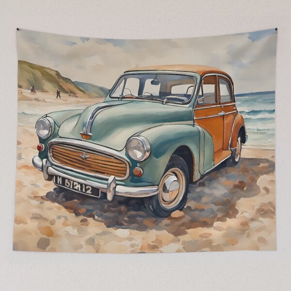 Item preview, Morris Minor Vintage British Car on a English Beach. designed and sold by Ameiva-Apparel.