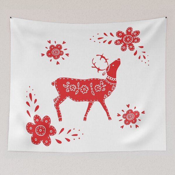 Item preview, European folk art deer and flowers in red  designed and sold by Kormix.
