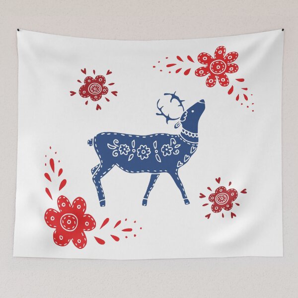 Item preview, European folk art deer and flowers in red and blue designed and sold by Kormix.
