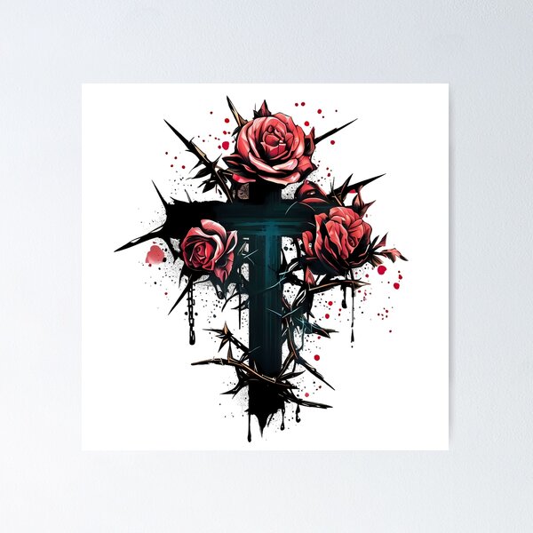 Gothic Cross with Roses, Thorns, and Blood Splatter