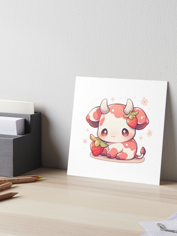 Art Print Strawberry Cow 8x8 Art Print Cute Kawaii Pink Cow 