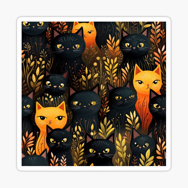 Orange and Black Folk Art Autumn Cats with Harvest Leaves Sticker