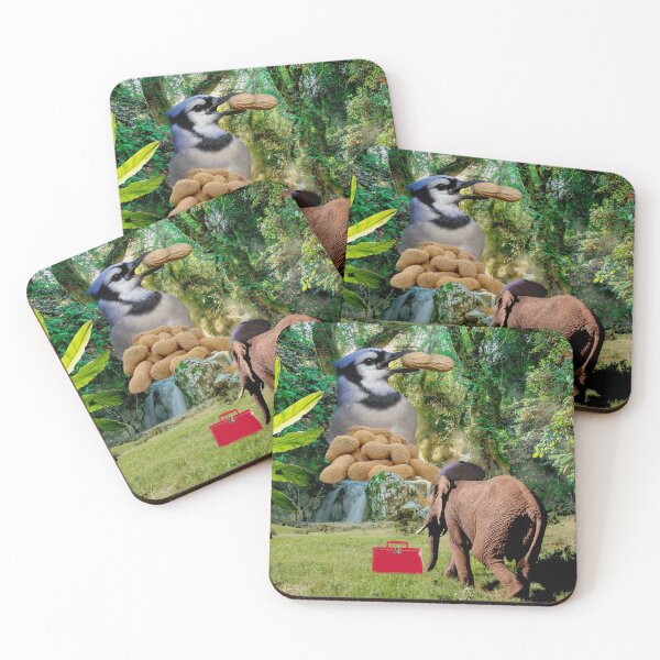 Item preview, Whimsical Surreal Collage Art: "Working For Peanuts" Working Elephant in Cap Approaching Giant Blue jay Feasting on Pile of Peanuts designed and sold by GollyWillikers.
