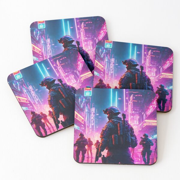 Item preview, Neon-Lit City with Armed Soldiers: Nocturnal Urban Contrasts designed and sold by BaynoSama.