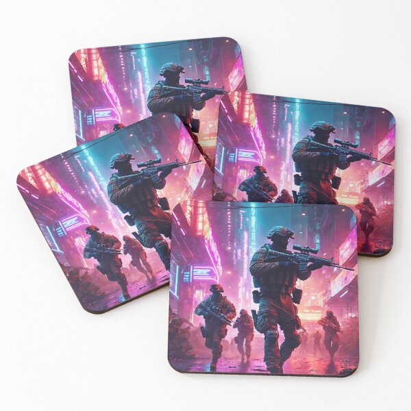 Item preview, "Neon-Lit City with Armed Soldiers: Nocturnal Urban Contrasts designed and sold by BaynoSama.