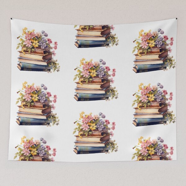 Aperçu de l'œuvre Pile de livres et de fleurs, aquarelle vintage créée et vendue par Inktown.
