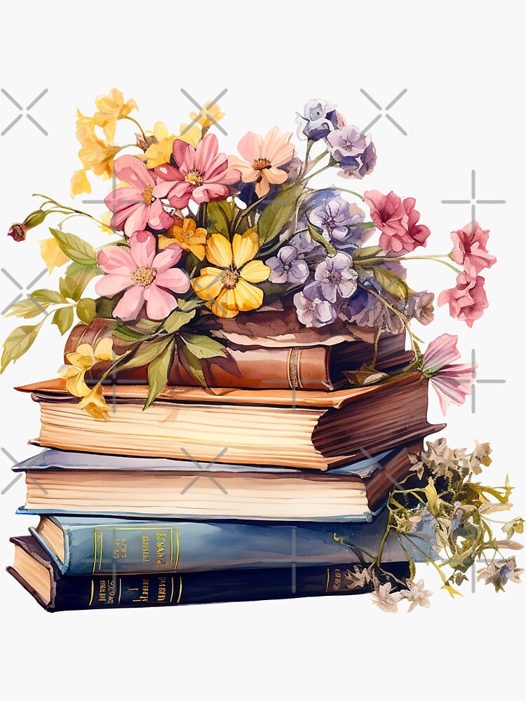 Watercolor Vintage Stack Of Books & Dried Flowers Sticker