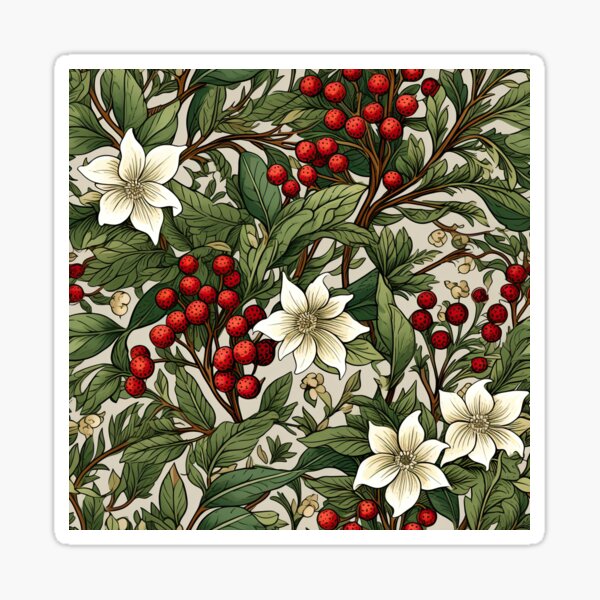 White Pointsettia Flower & Red Berries Floral Print Sticker