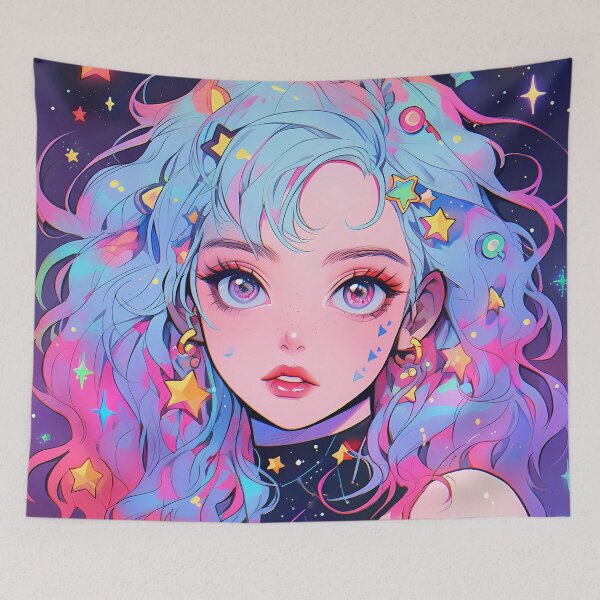 Item preview, Anime girl with colorful hair full of stars designed and sold by Carmillai.