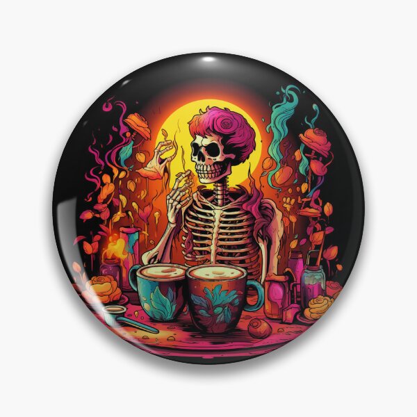 Artikelvorschau, Halloween-Karikatur-buntes Skelett, das Kaffee trinkt entworfen und verkauft von AnnaMDesign.