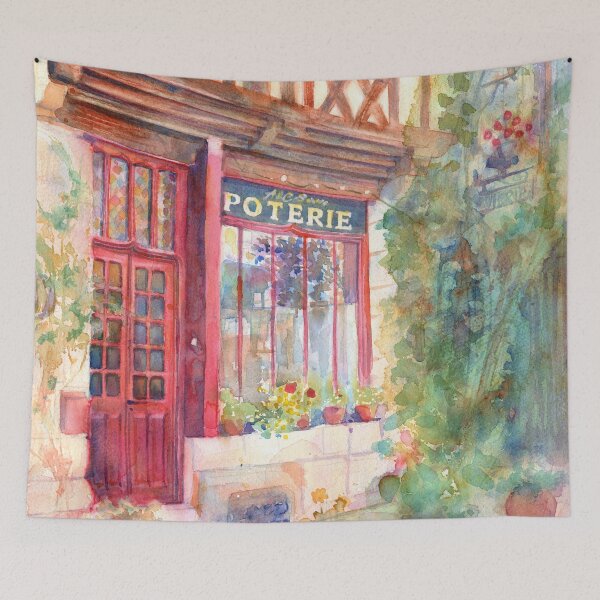 Item preview, French Storefront Street Scene Watercolor designed and sold by Yevgenia Watts.