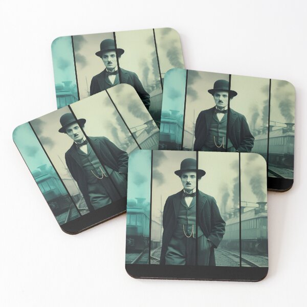 Item preview, Cinematic stills of Charlie Chaplin standing near different trains designed and sold by AI-Only Creations.