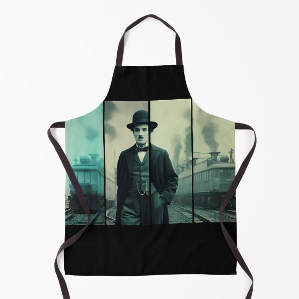 Item preview, Cinematic stills of Charlie Chaplin standing near different trains designed and sold by AI-Only Creations.