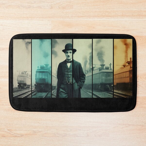 Item preview, Cinematic stills of Charlie Chaplin standing near different trains designed and sold by AI-Only Creations.