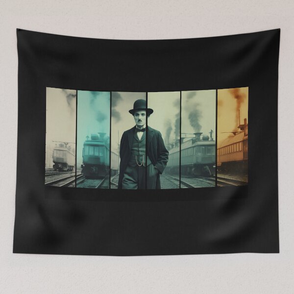 Item preview, Cinematic stills of Charlie Chaplin standing near different trains designed and sold by AI-Only Creations.
