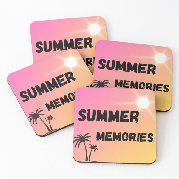 Item preview, "Summer Memories" text with palm tree and sun, pink and yellow background designed and sold by Susan-Marie220.