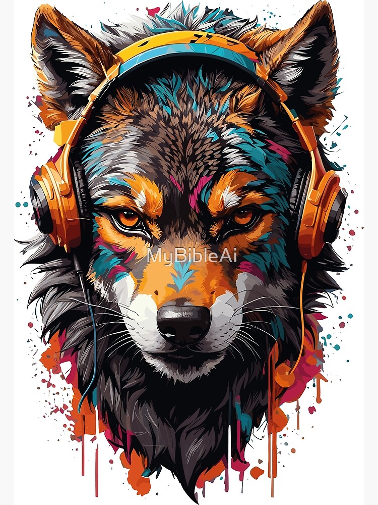 Painting of Colorful Wolf with Headphones Poster