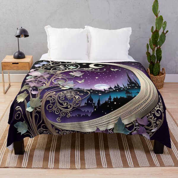 Item preview, Purple Sky with Moons and Stars framed by Gold Swirls and Pastel Leaves designed and sold by DreamyEscapism.
