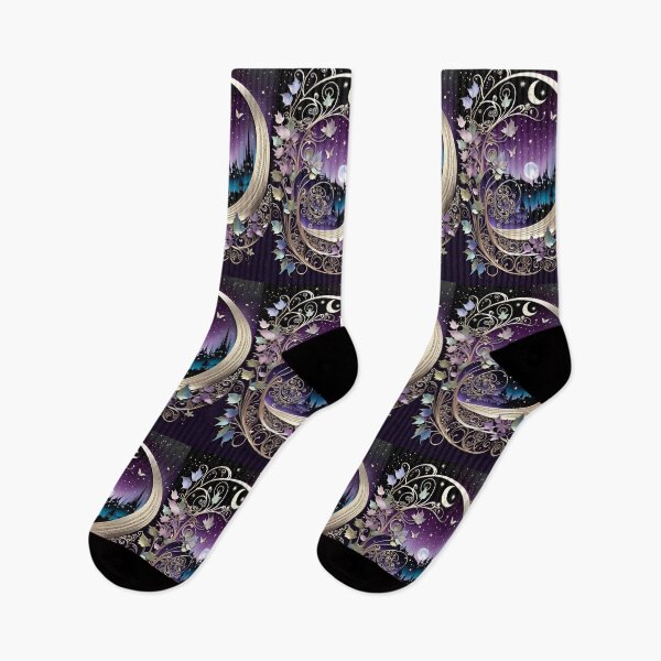 Item preview, Purple Sky with Moons and Stars framed by Gold Swirls and Pastel Leaves designed and sold by DreamyEscapism.