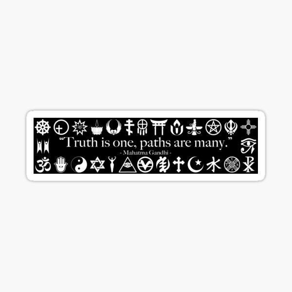 Vista previa del artículo con la obra «La verdad es uno, los caminos son muchos - Gandhi - Pegatina para el parachoques de las religiones del mundo - Negro», diseñado y vendido por litmusician.