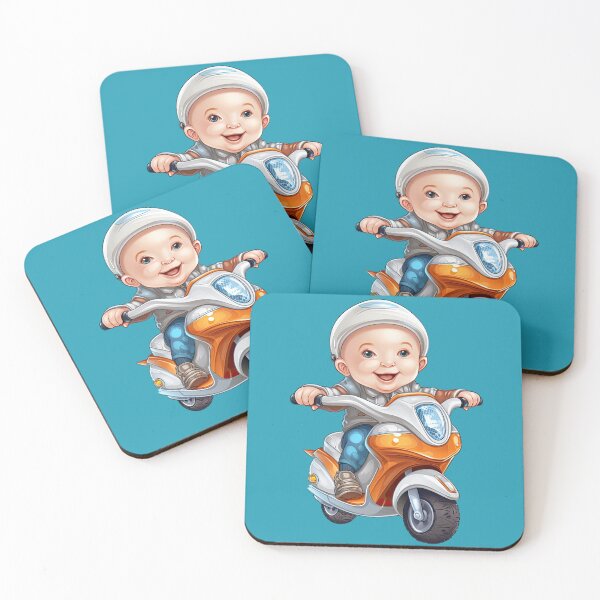 Item preview, Baby Riding an Orange Toy Scooter (blue background) designed and sold by TheTrendsDesk.