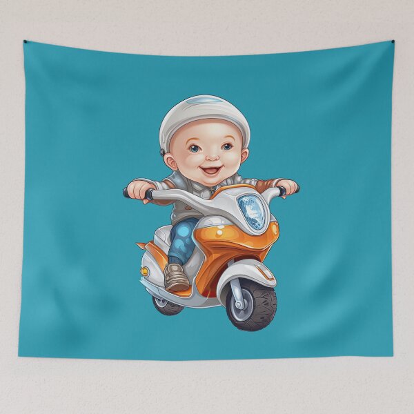Item preview, Baby Riding an Orange Toy Scooter (blue background) designed and sold by TheTrendsDesk.